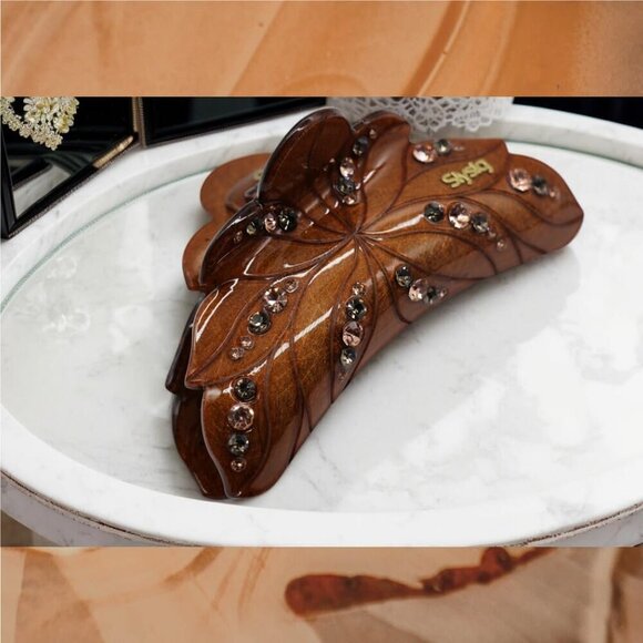 French Style Rhinestone Hair Claw Clips Large For Thick Hair Brown